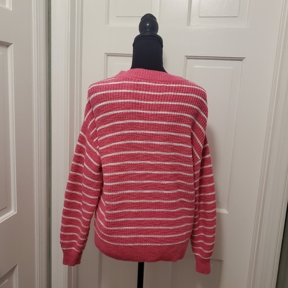 LOFT PINK & White Striped Chunky Knit Cardigan size Medium, Casual, Comfy - Picture 4 of 9